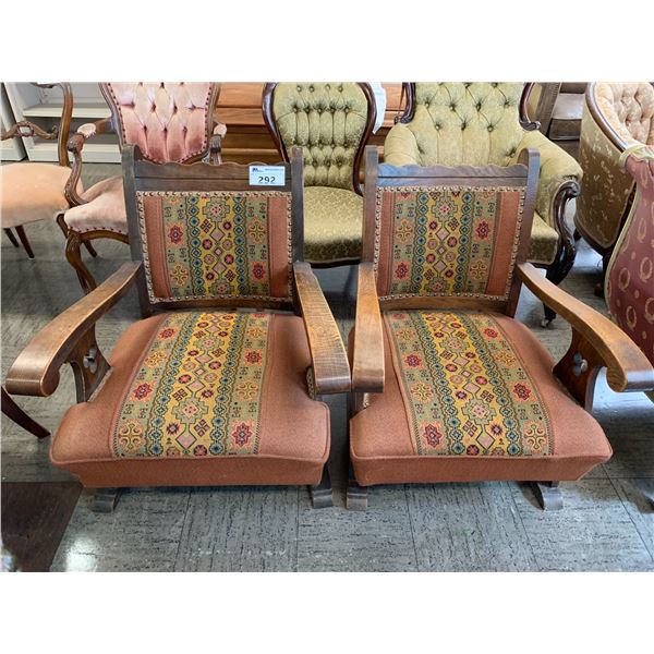 2 VINTAGE MOSAIC WOOD CHAIRS