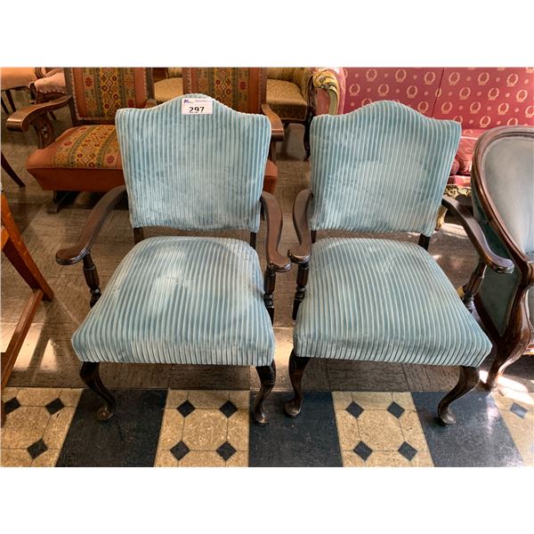 2 VINTAGE BLUE SUEDE WOOD CHAIRS
