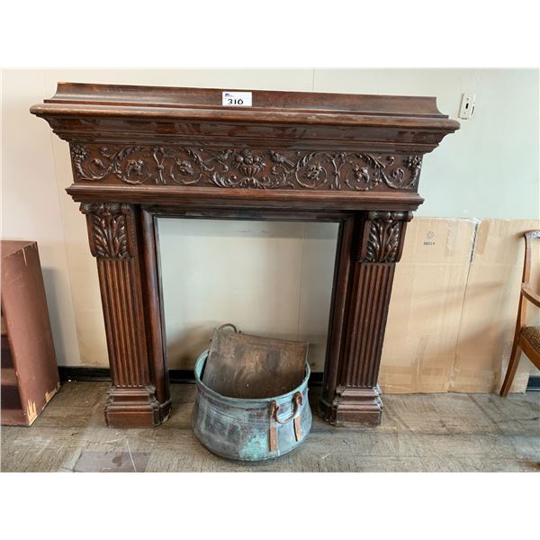 CARVED WOOD MANTLE APPROX 60"X57"X18", METAL BUCKET & METAL FIREWOOD HOLDER