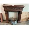 Image 1 : CARVED WOOD MANTLE APPROX 60"X57"X18", METAL BUCKET & METAL FIREWOOD HOLDER
