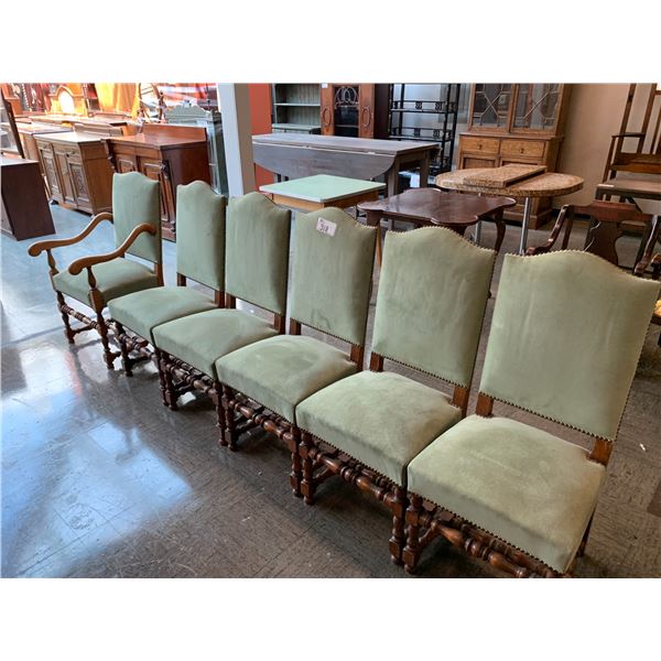 6 STUDDED WOOD DINING CHAIRS