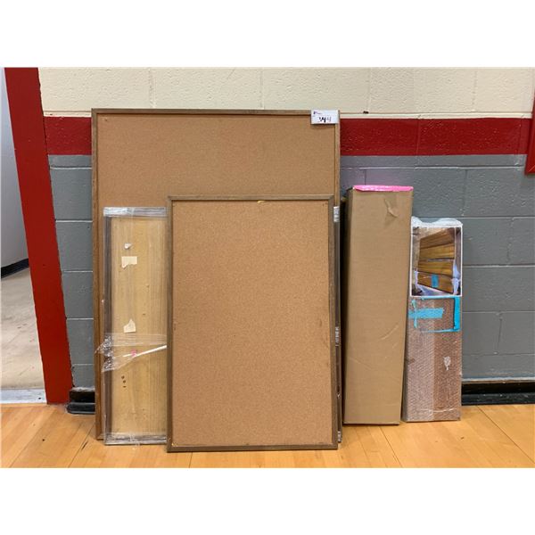 4 ASSORTED CORK BOARDS & 2 BOXES OF WOOD SHELVES