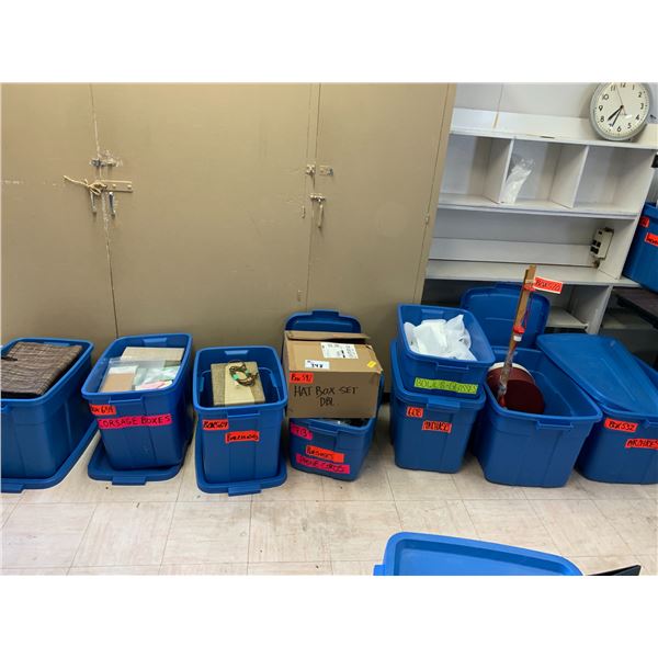 TOTES & BOX OF ASSORTED ITEMS INCLUDING; GIFT BOXES, GLASSWARE, HAT BOXES & MORE