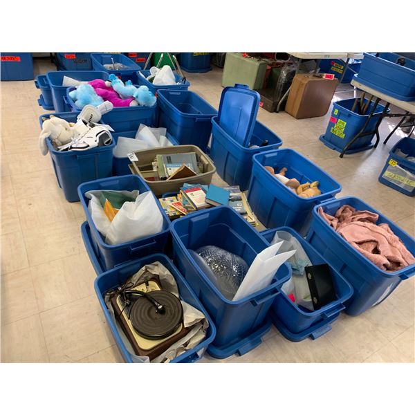 TOTES OF ASSORTED ITEMS INCLUDING; STUFFED ANIMALS, BABY DOLLS, BOOKS, COOKWARE & MORE