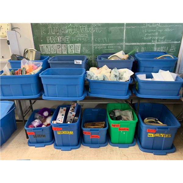 TOTES OF ASSORTED ITEMS INCLUDING; VINTAGE VACUUM, TEA CUP SETS, FOOTBALLS, TOASTER & MORE (TABLE...