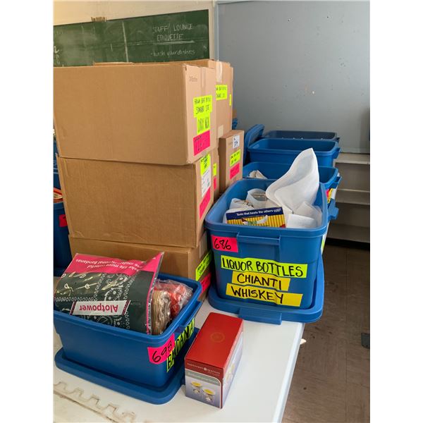 TOTES & BOXES OF ASSORTED ITEMS INCLUDING; ASSORTED GLASS BOTTLES, ASSORTED NEW BANDANAS, ASSORTE...