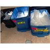 Image 4 : TOTES OF ASSORTED ITEMS INCLUDING; GLASS BOTTLES, BLANK CANS, GLASS JARS & MORE (TABLE NOT INCLUDED)