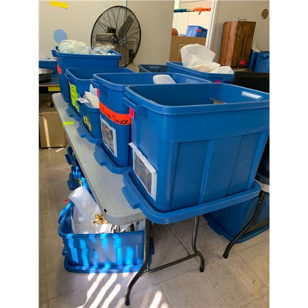 TOTES OF ASSORTED ITEMS INCLUDING; THROW PILLOWS, GLASSWARE, DISHWARE & MORE (TABLE NOT INCLUDED)