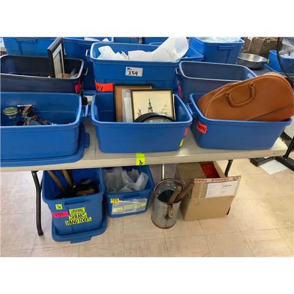 TOTES & BOX OF ASSORTED ITEMS INCLUDING; FRAMED ART, GARDEN SHEARS, NESTING BOXES & MORE (TABLE N...