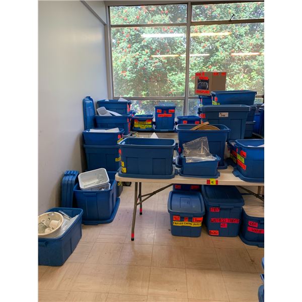 TOTES OF ASSORTED ITEMS INCLUDING; BREAKAWAY GLASS, FAKE FOOD, DISHWARE, SERVING CART & MORE (TAB...