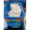 Image 9 : TOTES OF ASSORTED ITEMS INCLUDING; BREAKAWAY GLASS, FAKE FOOD, DISHWARE, SERVING CART & MORE (TAB...