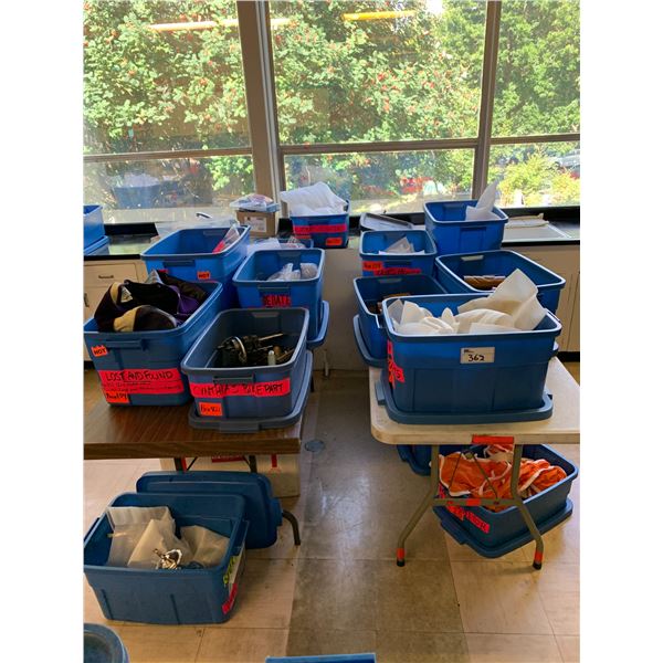 TOTES OF ASSORTED ITEMS INCLUDING; TOOLS, TIKI CUPS, VINTAGE CUTTING BOARD, VARSITY JACKET & MORE...