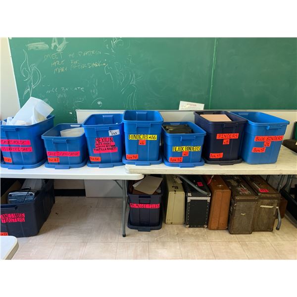 TOTES OF ASSORTED ITEMS INCLUDING; HAND MIRRORS, TOASTERS, LUGGAGE, BINDERS & MORE (TABLES NOT IN...