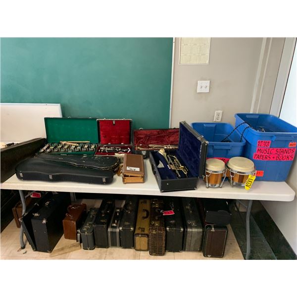 ASSORTED INSTRUMENTS & INSTRUMENT CASES INCLUDING; BONGOS, VINTAGE XYLOPHONE, TRUMPETS, MARACAS &...