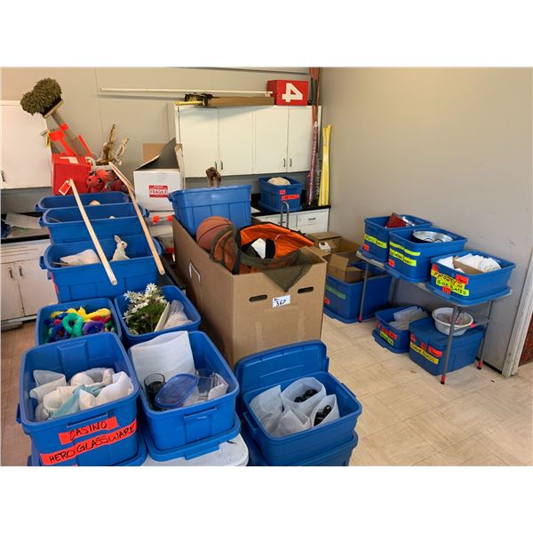 LARGE LOT OF ASSORTED ITEMS INCLUDING; FOOTBALL EQUIPMENT, PROP SIGNS, DRUMS, GARDEN DCOR, MOBILE...