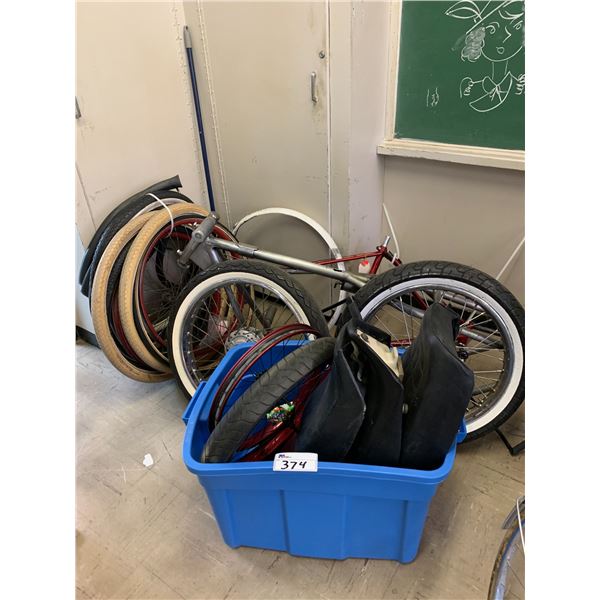 ASSORTED BICYCLE PARTS INCLUDING; FRAMES, TIRES, SEATS & MORE