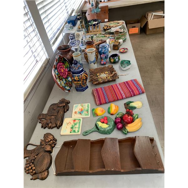 ASSORTED ITEMS INCLUDING; CERAMIC POTS, VASES, CROSSES, DOMESTIC SEWING MACHINE WITH CABINET, SEW...