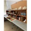 Image 1 : 2 WOOD SHELVING UNITS OF ASSORTED ITEMS INCLUDING; DECANTERS, DISHWARE SETS, ICE BOX & MORE (TABL...