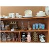 Image 2 : 2 WOOD SHELVING UNITS OF ASSORTED ITEMS INCLUDING; DECANTERS, DISHWARE SETS, ICE BOX & MORE (TABL...