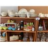 Image 4 : 2 WOOD SHELVING UNITS OF ASSORTED ITEMS INCLUDING; DECANTERS, DISHWARE SETS, ICE BOX & MORE (TABL...