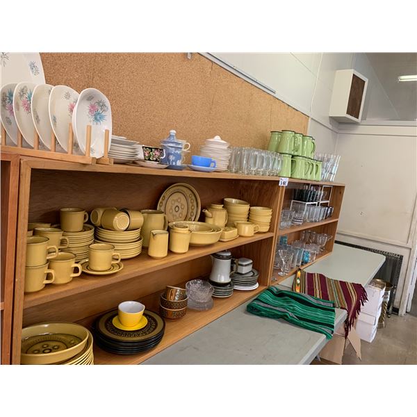 2 WOOD SHELVING UNITS OF ASSORTED ITEMS INCLUDING; DISHWARE SETS, BONE CHINA, GLASSWARE & MORE (T...