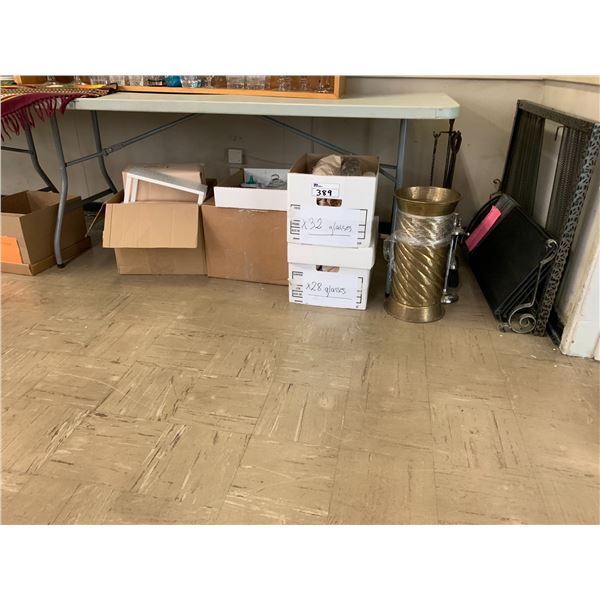 ASSORTED ITEMS INCLUDING; COMBINATION PAD LOCKS, GLASSWARE, FIREPLACE SET & MORE (TABLE NOT INCLU...