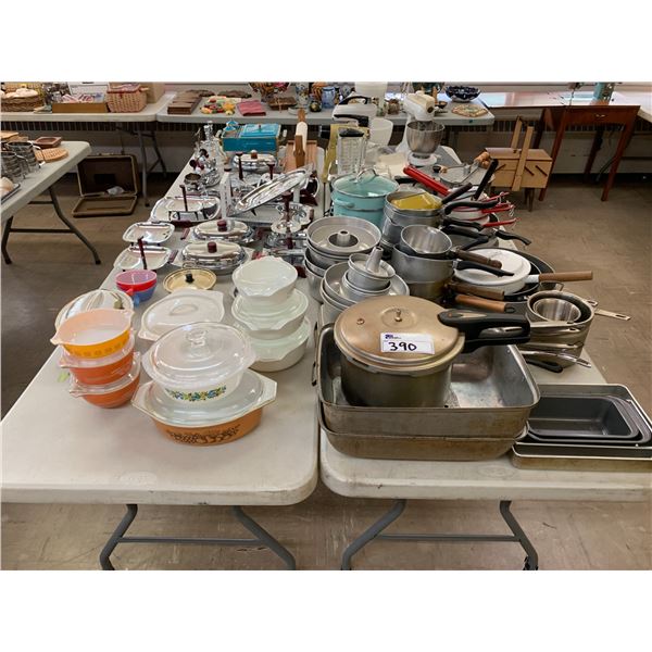ASSORTED ITEMS INCLUDING; STAND MIXERS, POTS & PANS, CASSEROLE DISHES, SERVING DISHES & MORE (TAB...