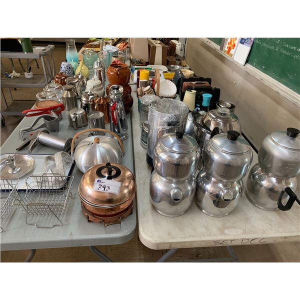 ASSORTED ITEMS INCLUDING; COFFEE POTS, PITCHERS, THERMOS', ASH TRAYS & MORE (TABLES NOT INCLUDED)