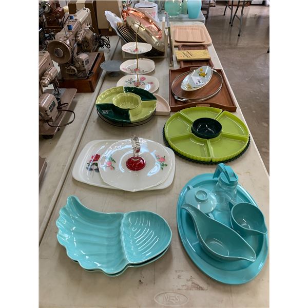 ASSORTED ITEMS INCLUDING; SNACK TRAYS, CAKE TRAYS, SERVING TRAYS, ICE BOX & MORE (TABLE NOT INCLU...