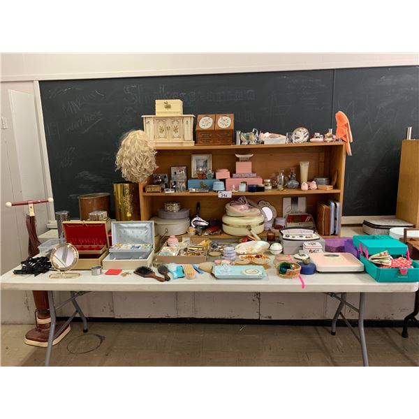 ASSORTED ITEMS INCLUDING; JEWELRY, VINTAGE HAIR DRYERS, JEWELRY BOXES, VACUUM & MORE (TABLE NOT I...
