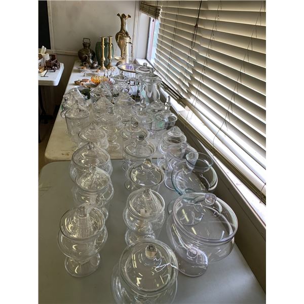 ASSORTED ITEMS INCLUDING; VINTAGE SCALE, ART GLASS, CANDLE HOLDERS, CANDY JARS & MORE (TABLES NOT...