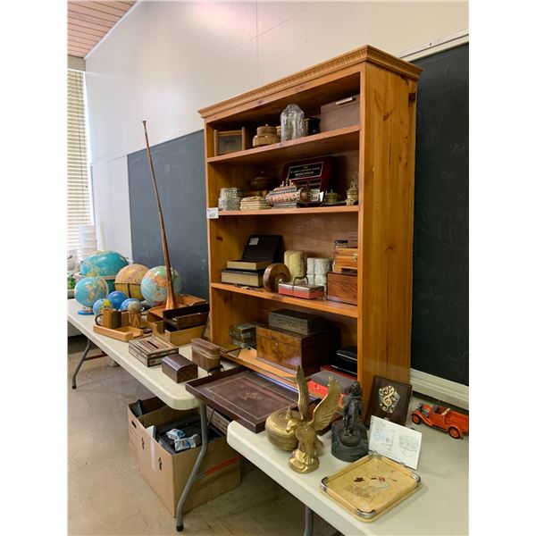 ASSORTED ITEMS INCLUDING; GLOBES, LOCKBOXES, PLAQUES, DESK TOP ACCENTS & MORE (TABLE NOT INCLUDED)