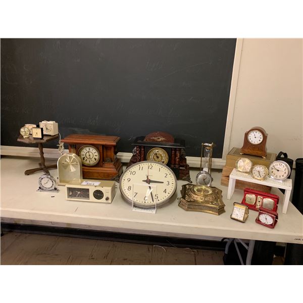 ASSORTED CLOCKS INCLUDING; RCA, SIMPLEX, BABY BEN, EQUITY, SAND HOURGLASS & MORE (TABLE NOT INCLU...