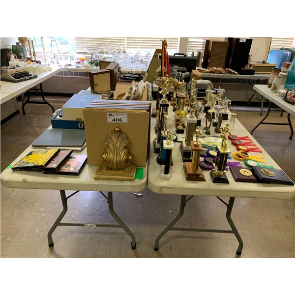 ASSORTED ITEMS INCLUDING; TROPHIES, FLEETWOOD RECORD PLAYER, ELECTROHOME RECORD PLAYER, VINYL REC...