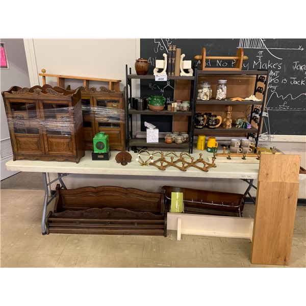 ASSORTED ITEMS INCLUDING; SHELLS, STEINS, JEWELRY CABINETS, SHELVING & MORE (TABLE NOT INCLUDED)