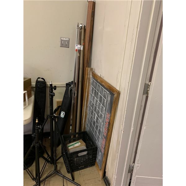 ASSORTED ITEMS INCLUDING; MUSIC STANDS, CHALK BOARD, PROJECTOR SCREENS & MORE