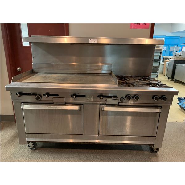 STAINLESS STEEL INDUSTRIAL MOBILE GAS STOVE WITH GRILL PLATE, 4 BURNERS & 2 OVENS APPROX 60"X72"X33"