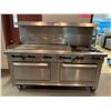 Image 1 : STAINLESS STEEL INDUSTRIAL MOBILE GAS STOVE WITH GRILL PLATE, 4 BURNERS & 2 OVENS APPROX 60"X72"X33"