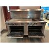 Image 3 : STAINLESS STEEL INDUSTRIAL MOBILE GAS STOVE WITH GRILL PLATE, 4 BURNERS & 2 OVENS APPROX 60"X72"X33"