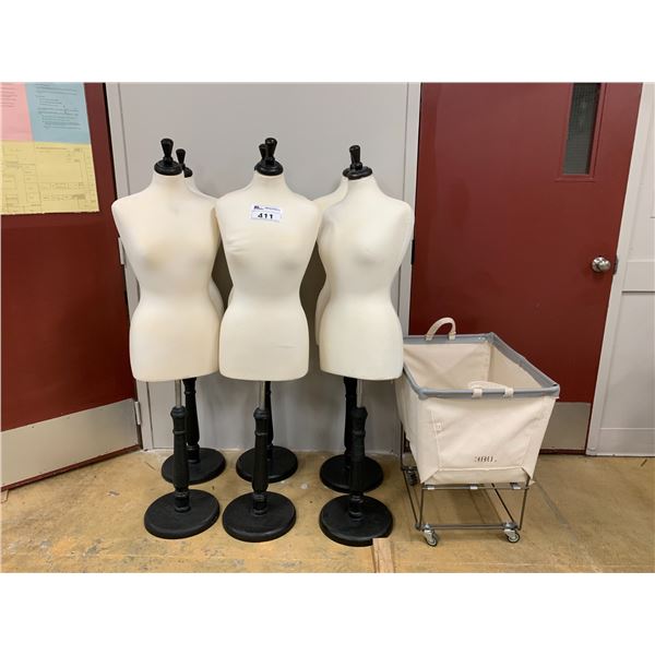 6 TAILORING MANNEQUINS ON STANDS APPROX 58"& FABRIC ROLLING BIN