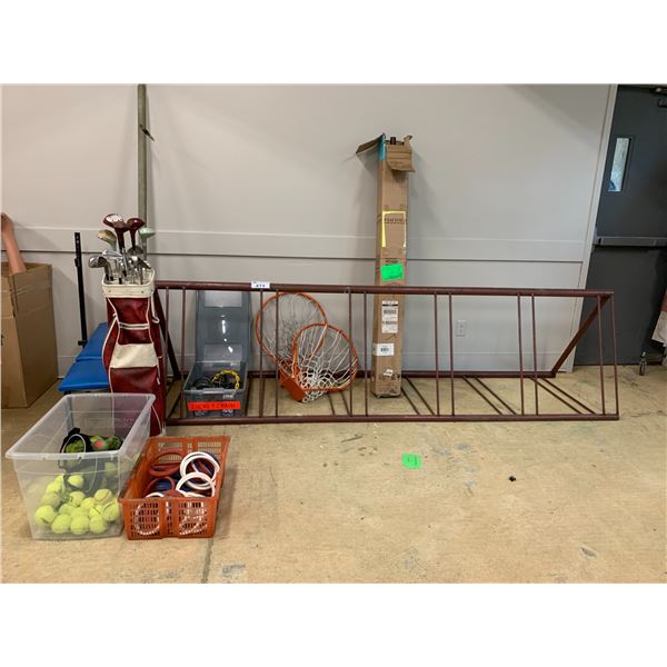 ASSORTED ITEMS INCLUDING; TENNIS BALLS, GOLF CLUBS, WEIGHT BENCH, BASKETBALL HOOPS, BICYCLE RACK ...