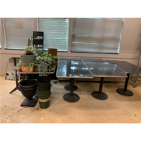 ASSORTED ITEMS INCLUDING; TABLES, PLANTER POTS, FAUX PLANTS, MIRRORS, GARDEN TOOLS & MORE