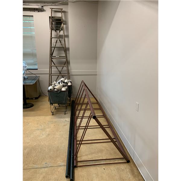 ASSORTED ITEMS INCLUDING; 2 FABRIC ROLLING BINS OF BOWLING PINS, METAL BICYCLE RACK, WOOD LADDER ...