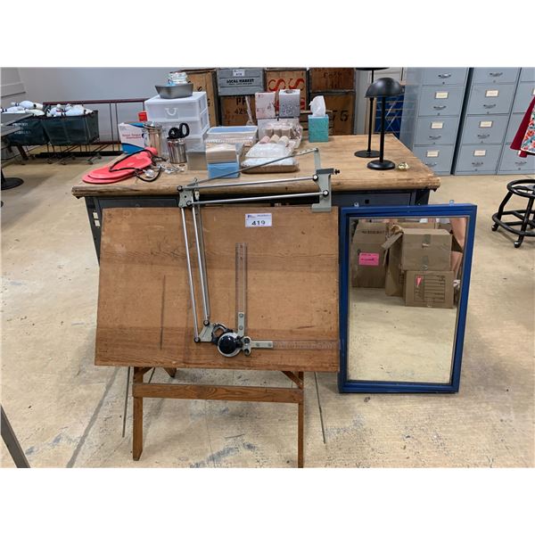 ASSORTED ITEMS INCLUDING; MOBILE METAL & WOOD SHOP TABLE (36"X60"X36"), MIRRORED MEDICINE CABINET...