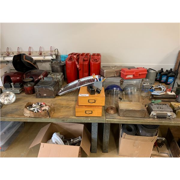 ASSORTED ITEMS INCLUDING; AUTO PARTS, METAL GAS CANS, WALL CLOCK, 2 TABLES & MORE (MUST TAKE ALL)