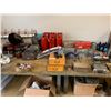 Image 1 : ASSORTED ITEMS INCLUDING; AUTO PARTS, METAL GAS CANS, WALL CLOCK, 2 TABLES & MORE (MUST TAKE ALL)