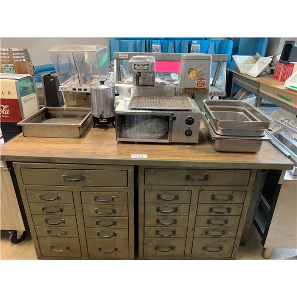 ASSORTED ITEMS INCLUDING; KITCHEN APPLIANCES, METAL & WOOD SHOP TABLE, BUFFET TRAYS & 2 PROP CABI...