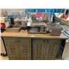 Image 1 : ASSORTED ITEMS INCLUDING; KITCHEN APPLIANCES, METAL & WOOD SHOP TABLE, BUFFET TRAYS & 2 PROP CABI...