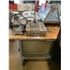 Image 2 : ASSORTED ITEMS INCLUDING; MEAT SLICER, KITCHEN WARMER DISPLAY CABINET, METAL & WOOD SHOP TABLE, 1...