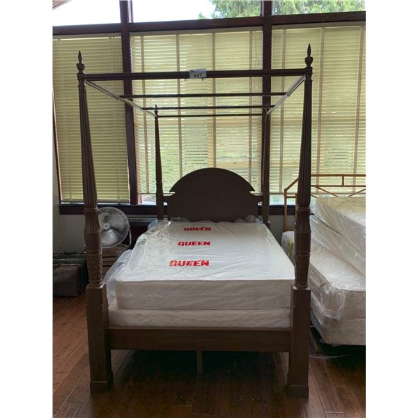 QUEEN SIZE CANOPY BED FRAME WITH BOX SPRING & QUEEN SIZE MATTRESS